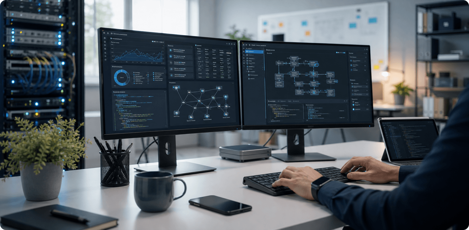 Engineering workstation with dashboards for software, automation, and network systems
